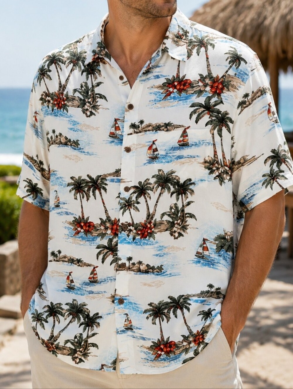 BATEK BAY Men's White Tropical Island Print Rayon Hawaiian Camp Shirt Size XL